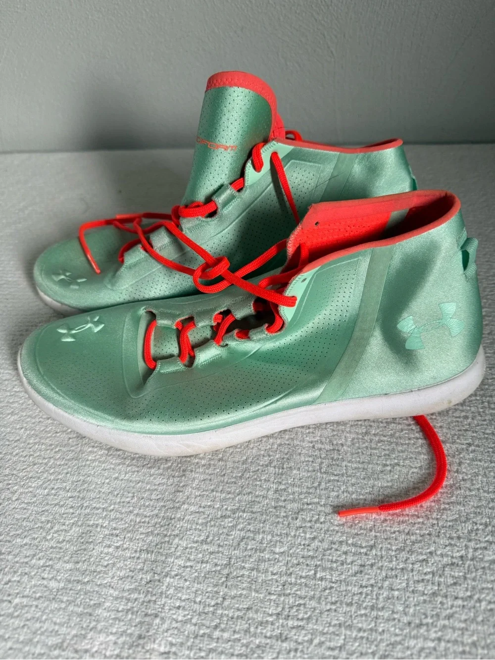 Under Armour Mint Green High-Top Sneakers with Bright Coral Laces